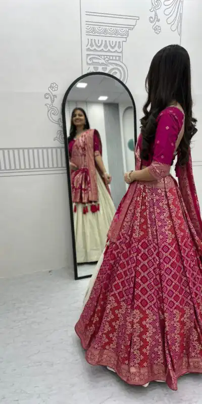 Pink Jacquard Silk Moti Work Lehenga Choli | Lehenga, Bollywood Lehenga, Creative Lehenga, Designer Lehenga, Embroidered Lehenga, Party Wear Lehenga