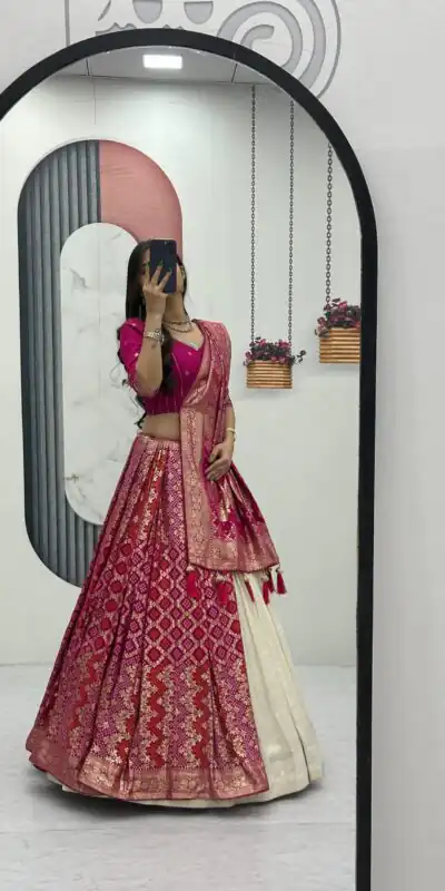Pink Jacquard Silk Moti Work Lehenga Choli | Lehenga, Bollywood Lehenga, Creative Lehenga, Designer Lehenga, Embroidered Lehenga, Party Wear Lehenga