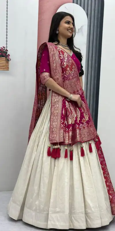 Pink Jacquard Silk Moti Work Lehenga Choli | Lehenga, Bollywood Lehenga, Creative Lehenga, Designer Lehenga, Embroidered Lehenga, Party Wear Lehenga