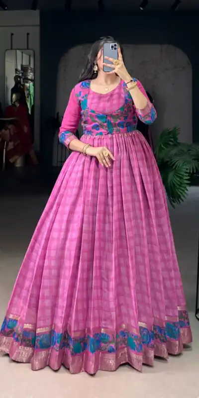 Pink Polyester Viscose Chanderi Gown | Gowns, Bollywood Gowns, Creative Gowns, Designer Gowns, Embroidered Gowns, Party Wear Gowns