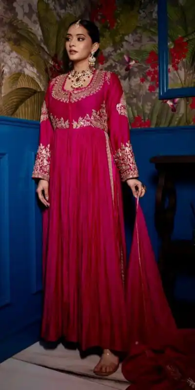 Pink Pure Chinon Embroidery Work Gown | Gowns, Bollywood Gowns, Creative Gowns, Designer Gowns, Embroidered Gowns, Party Wear Gowns