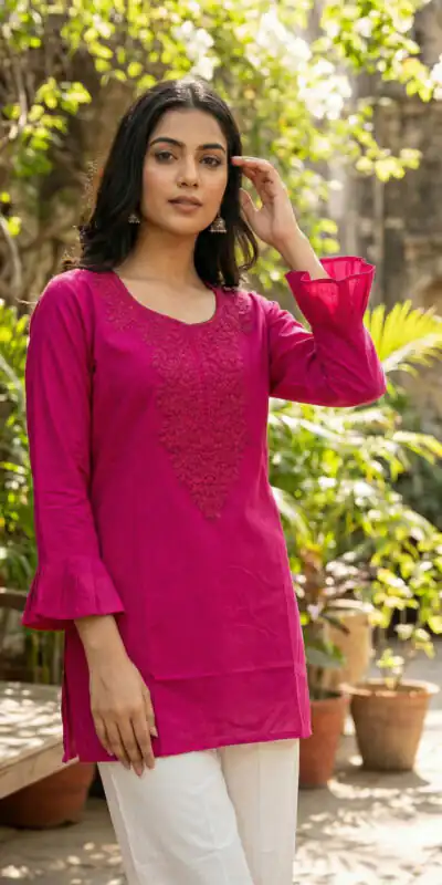 Pink Rayon Chikan Work Kurti | Kurti, Bollywood Kurti, Creative Kurtis, Designer Kurti, Party Wear Kurti, Selfie Kurti