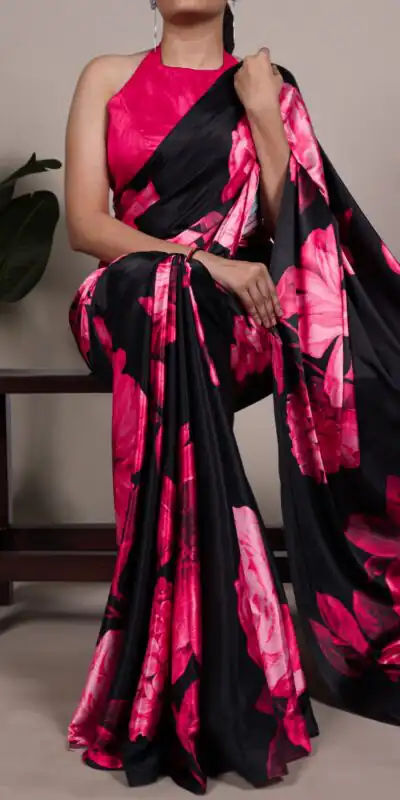 Pink Satin Silk Floral Print Saree | Sarees, Bollywood Sarees, Creative Sarees, Designer Sarees, Embroidered Sarees, Ethnic Saree, Modern Digital sarees, Party Wear Sarees