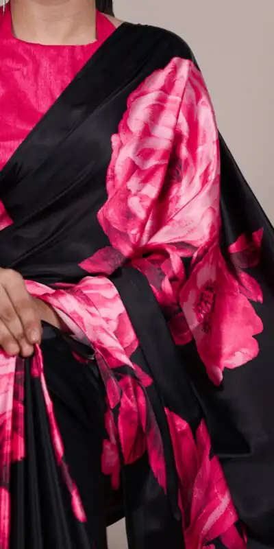 Pink Satin Silk Floral Print Saree | Sarees, Bollywood Sarees, Creative Sarees, Designer Sarees, Embroidered Sarees, Ethnic Saree, Modern Digital sarees, Party Wear Sarees