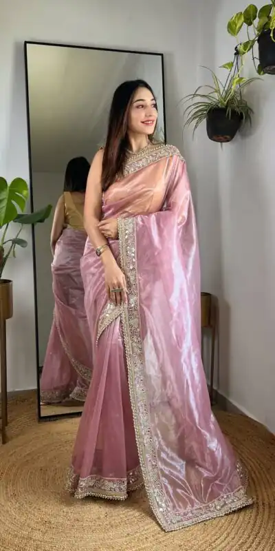 Pink Silver Tissue Silk Zari Mirror Work Saree | Sarees, Bollywood Sarees, Creative Sarees, Designer Sarees, Embroidered Sarees, Ethnic Saree, Modern Digital sarees, Party Wear Sarees