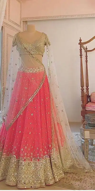 Pink Soft Mono Net Embroidered Lehenga Choli | Lehenga, Bollywood Lehenga, Creative Lehenga, Designer Lehenga, Embroidered Lehenga, Party Wear Lehenga