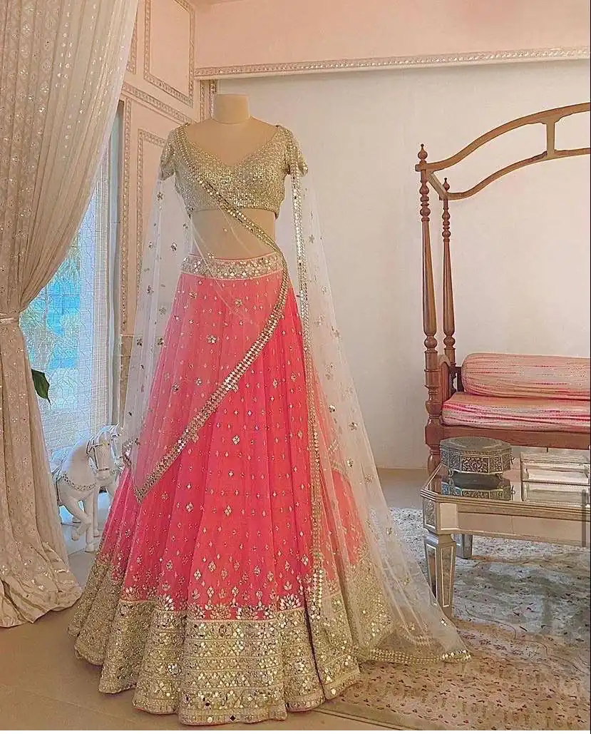 Pink Soft Mono Net Embroidered Lehenga Choli | Lehenga, Bollywood Lehenga, Creative Lehenga, Designer Lehenga, Embroidered Lehenga, Party Wear Lehenga
