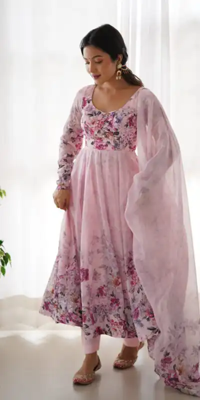 Pink Soft Organza Silk Print With Kali Gown | Gowns, Bollywood Gowns, Creative Gowns, Designer Gowns, Embroidered Gowns, Party Wear Gowns