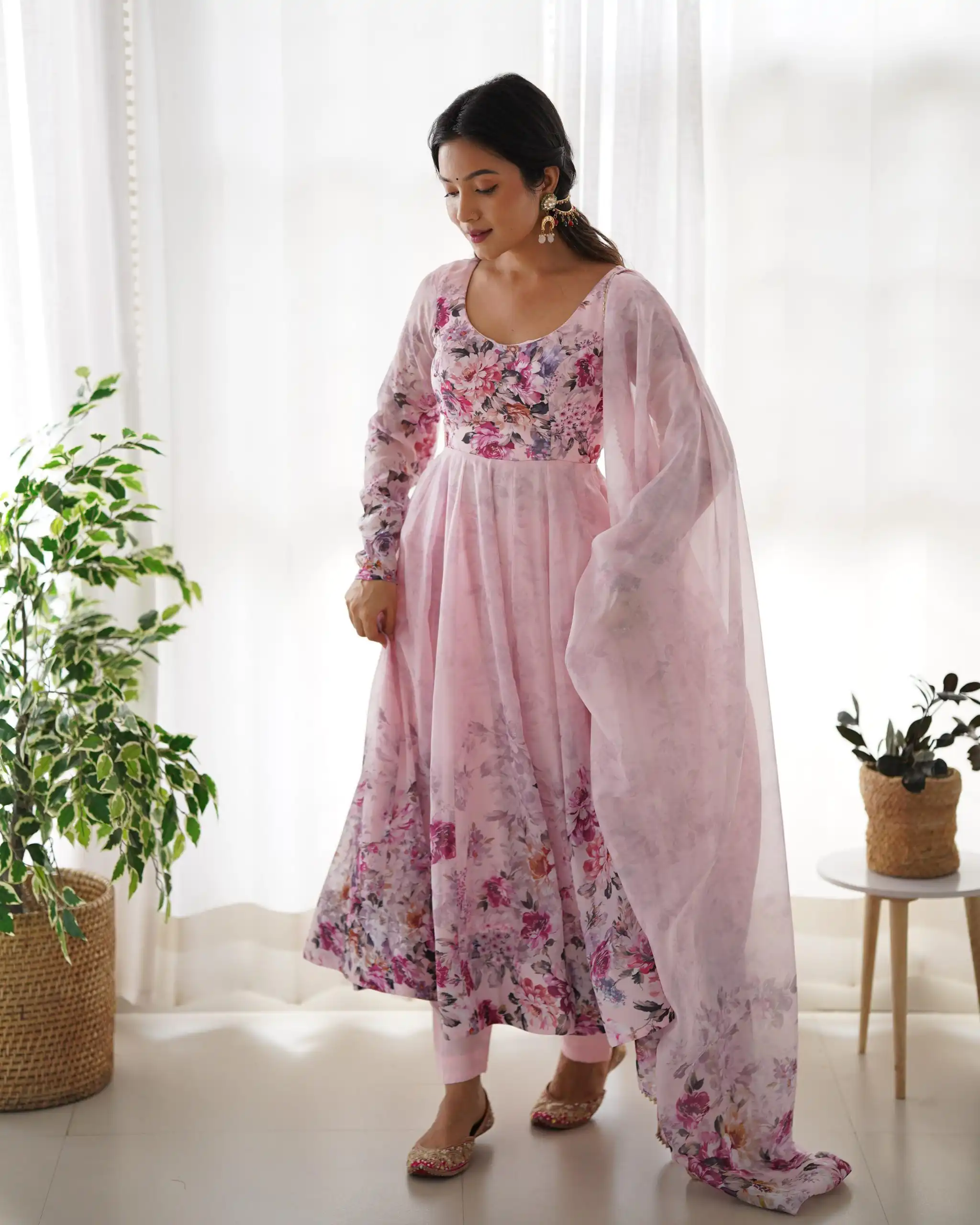 Pink Soft Organza Silk Print With Kali Gown | Gowns, Bollywood Gowns, Creative Gowns, Designer Gowns, Embroidered Gowns, Party Wear Gowns