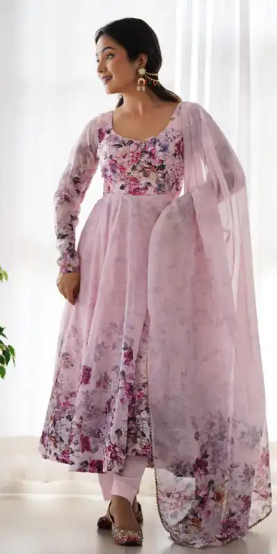 Pink Soft Organza Silk Print With Kali Gown | Gowns, Bollywood Gowns, Creative Gowns, Designer Gowns, Embroidered Gowns, Party Wear Gowns