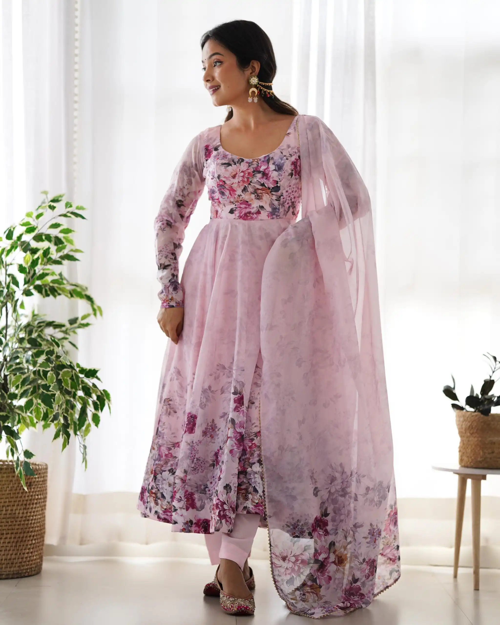 Pink Soft Organza Silk Print With Kali Gown | Gowns, Bollywood Gowns, Creative Gowns, Designer Gowns, Embroidered Gowns, Party Wear Gowns