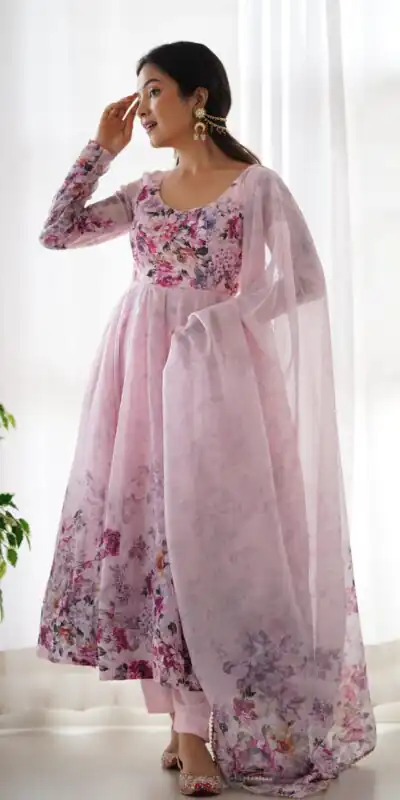 Pink Soft Organza Silk Print With Kali Gown | Gowns, Bollywood Gowns, Creative Gowns, Designer Gowns, Embroidered Gowns, Party Wear Gowns