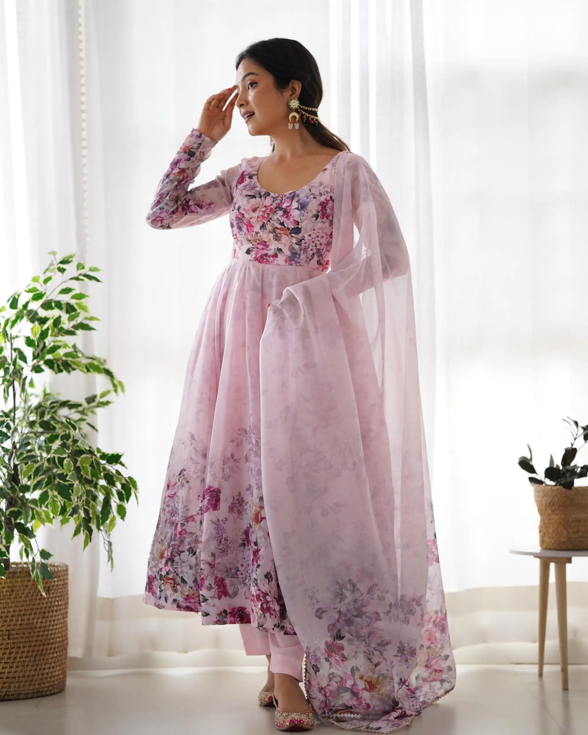 Pink Soft Organza Silk Print With Kali Gown | Gowns, Bollywood Gowns, Creative Gowns, Designer Gowns, Embroidered Gowns, Party Wear Gowns
