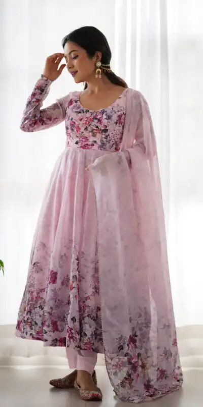 Pink Soft Organza Silk Print With Kali Gown | Gowns, Bollywood Gowns, Creative Gowns, Designer Gowns, Embroidered Gowns, Party Wear Gowns