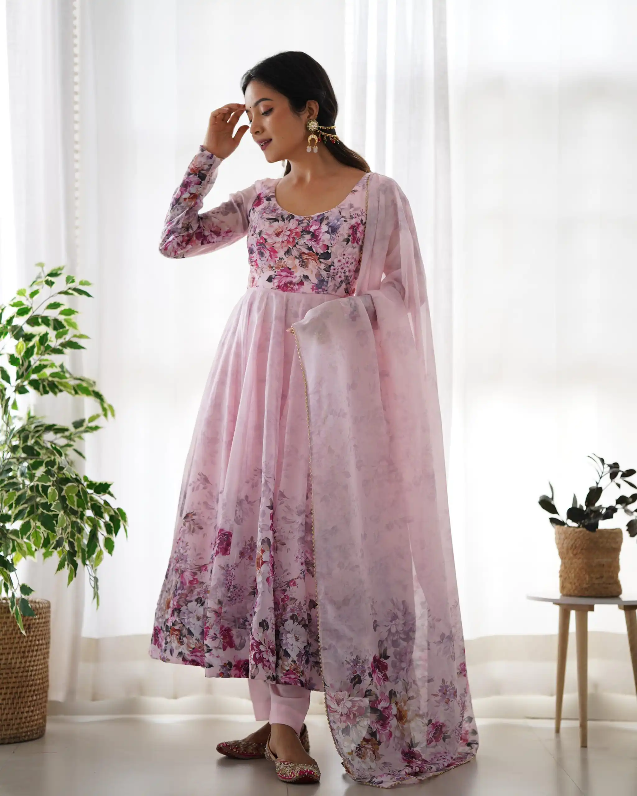 Pink Soft Organza Silk Print With Kali Gown | Gowns, Bollywood Gowns, Creative Gowns, Designer Gowns, Embroidered Gowns, Party Wear Gowns