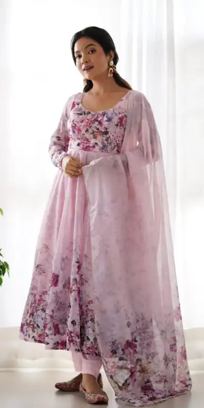 Pink Soft Organza Silk Print With Kali Gown | Gowns, Bollywood Gowns, Creative Gowns, Designer Gowns, Embroidered Gowns, Party Wear Gowns