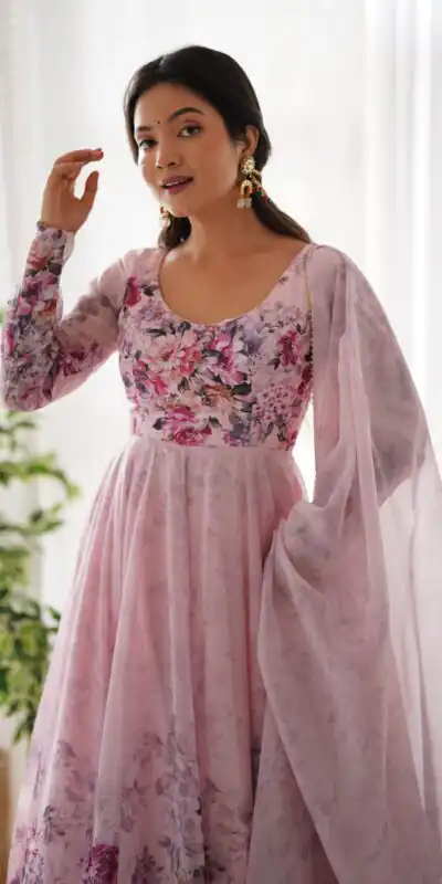 Pink Soft Organza Silk Print With Kali Gown | Gowns, Bollywood Gowns, Creative Gowns, Designer Gowns, Embroidered Gowns, Party Wear Gowns
