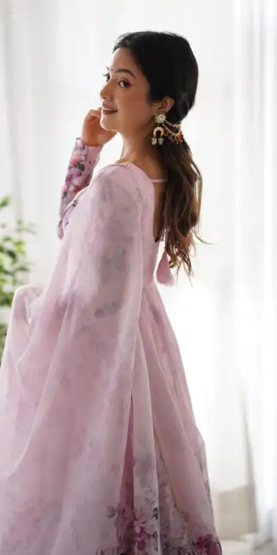 Pink Soft Organza Silk Print With Kali Gown | Gowns, Bollywood Gowns, Creative Gowns, Designer Gowns, Embroidered Gowns, Party Wear Gowns