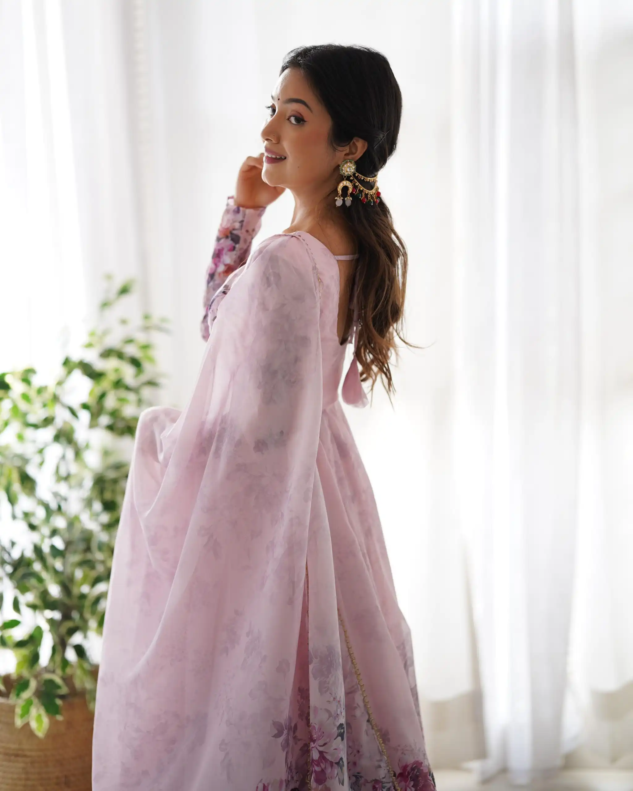 Pink Soft Organza Silk Print With Kali Gown | Gowns, Bollywood Gowns, Creative Gowns, Designer Gowns, Embroidered Gowns, Party Wear Gowns