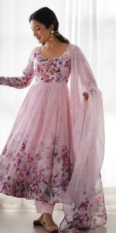 Pink Soft Organza Silk Print With Kali Gown | Gowns, Bollywood Gowns, Creative Gowns, Designer Gowns, Embroidered Gowns, Party Wear Gowns
