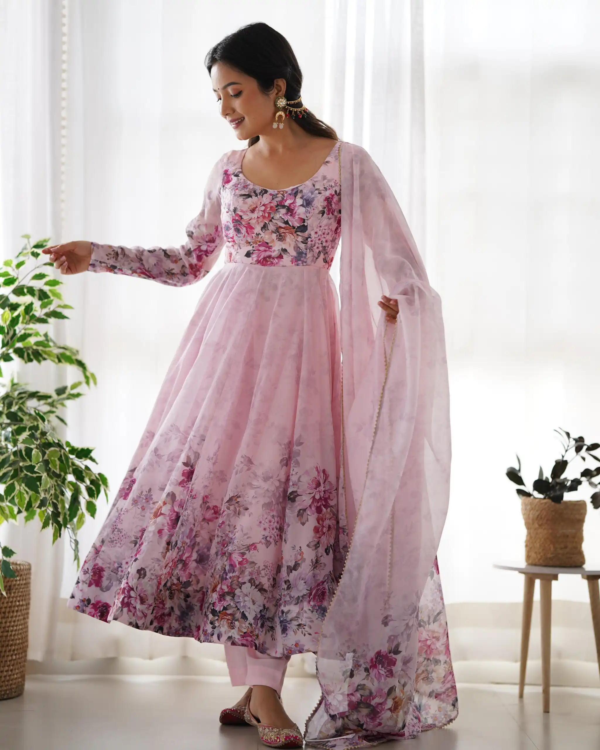 Pink Soft Organza Silk Print With Kali Gown | Gowns, Bollywood Gowns, Creative Gowns, Designer Gowns, Embroidered Gowns, Party Wear Gowns