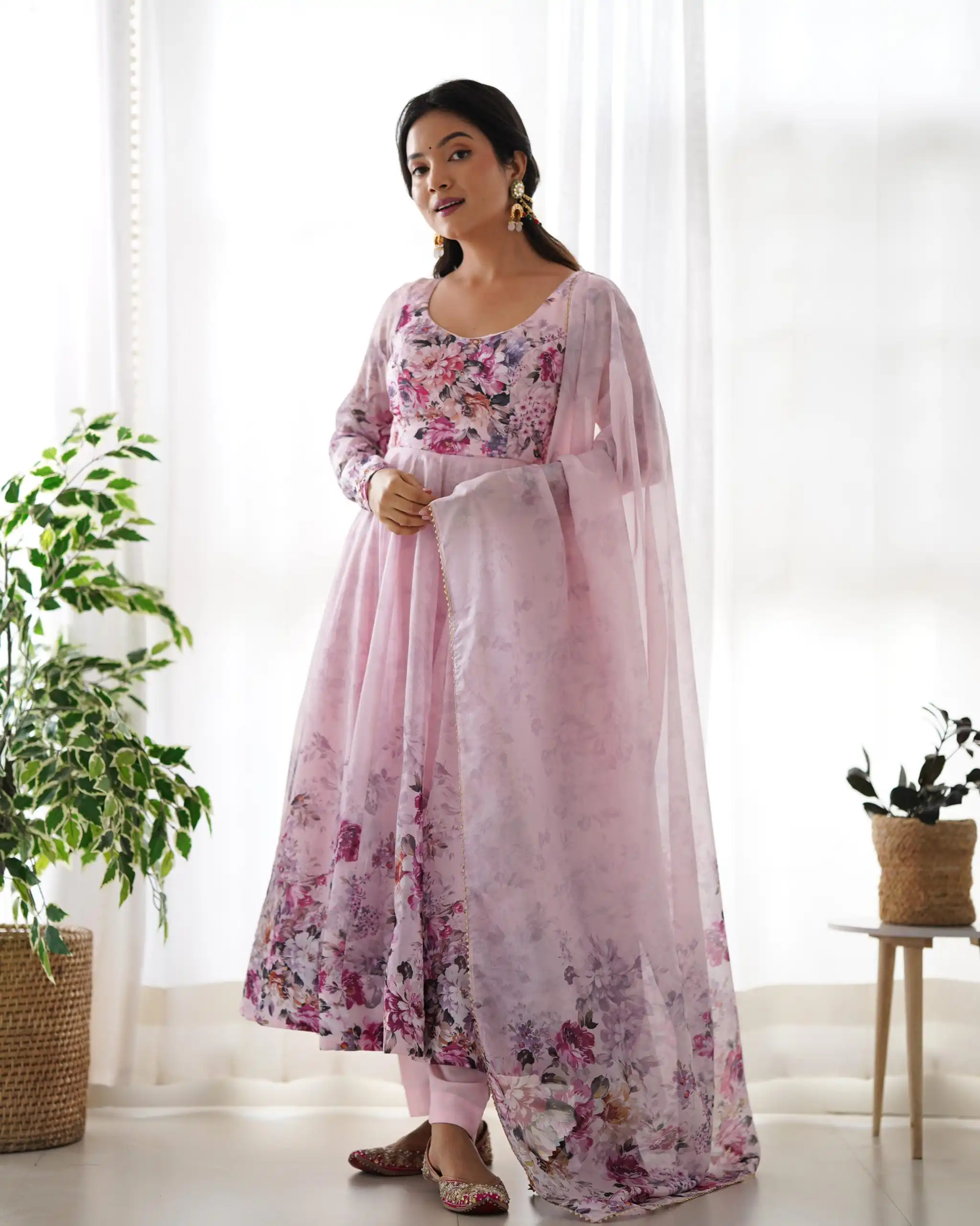 Pink Soft Organza Silk Print With Kali Gown | Gowns, Bollywood Gowns, Creative Gowns, Designer Gowns, Embroidered Gowns, Party Wear Gowns