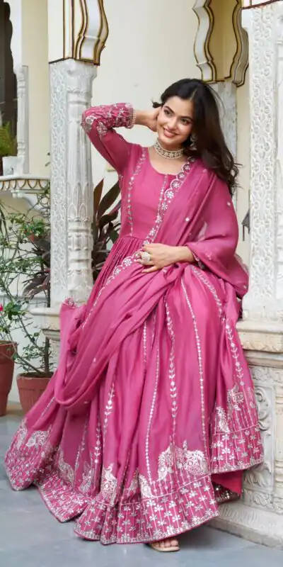Pink Star Georgette Embroidery Work Gown | Jump Suits, Salwar suit, Casual Suits, Creative suits, Designer Suits, Palazzo Suits, Party Wear Suits, Patiala Suits, Straight Suits