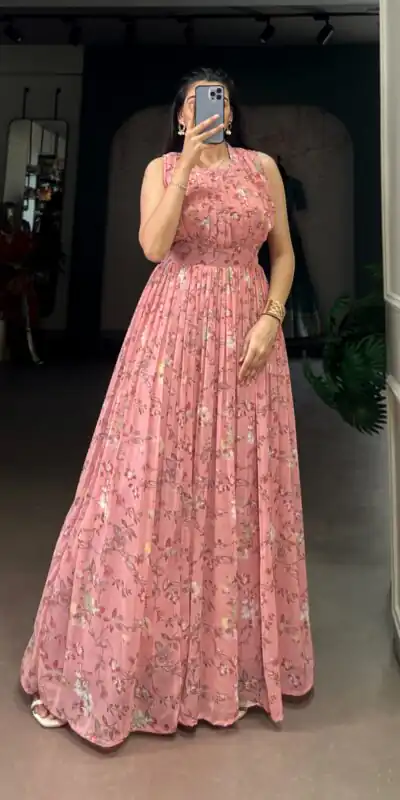 Pink Weightless Marbal Floral Print Gown | Gowns, Bollywood Gowns, Creative Gowns, Designer Gowns, Embroidered Gowns, Party Wear Gowns