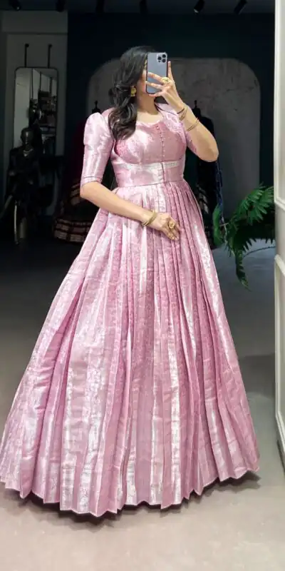 Pink Zari Weaving Work Gown | Gowns, Bollywood Gowns, Creative Gowns, Designer Gowns, Embroidered Gowns, Party Wear Gowns