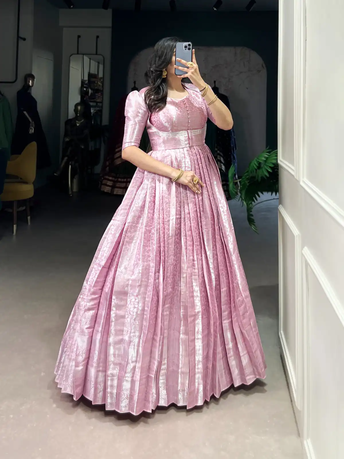 Pink Zari Weaving Work Gown | Gowns, Bollywood Gowns, Creative Gowns, Designer Gowns, Embroidered Gowns, Party Wear Gowns