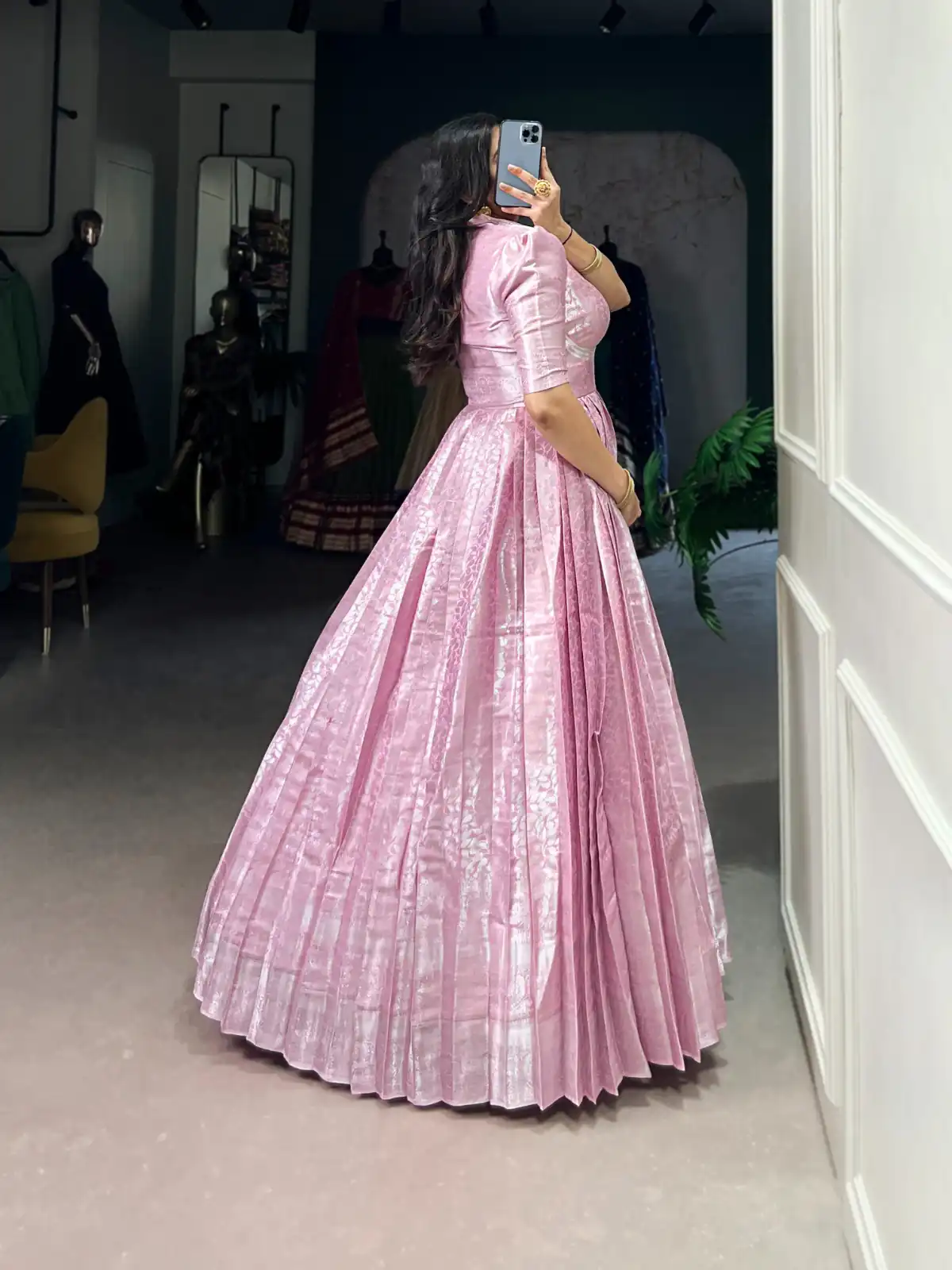 Pink Zari Weaving Work Gown | Gowns, Bollywood Gowns, Creative Gowns, Designer Gowns, Embroidered Gowns, Party Wear Gowns