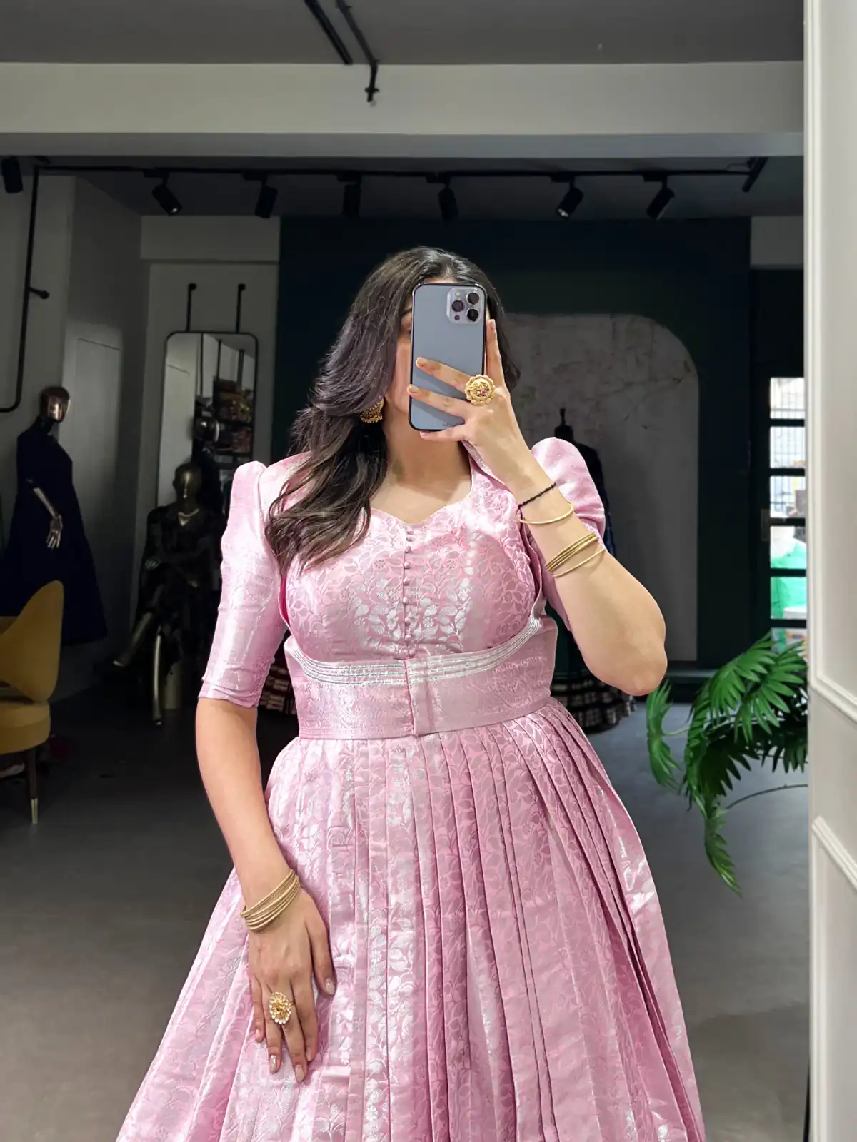 Pink Zari Weaving Work Gown | Gowns, Bollywood Gowns, Creative Gowns, Designer Gowns, Embroidered Gowns, Party Wear Gowns