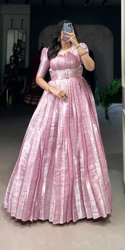 Pink Zari Weaving Work Gown | Gowns, Bollywood Gowns, Creative Gowns, Designer Gowns, Embroidered Gowns, Party Wear Gowns