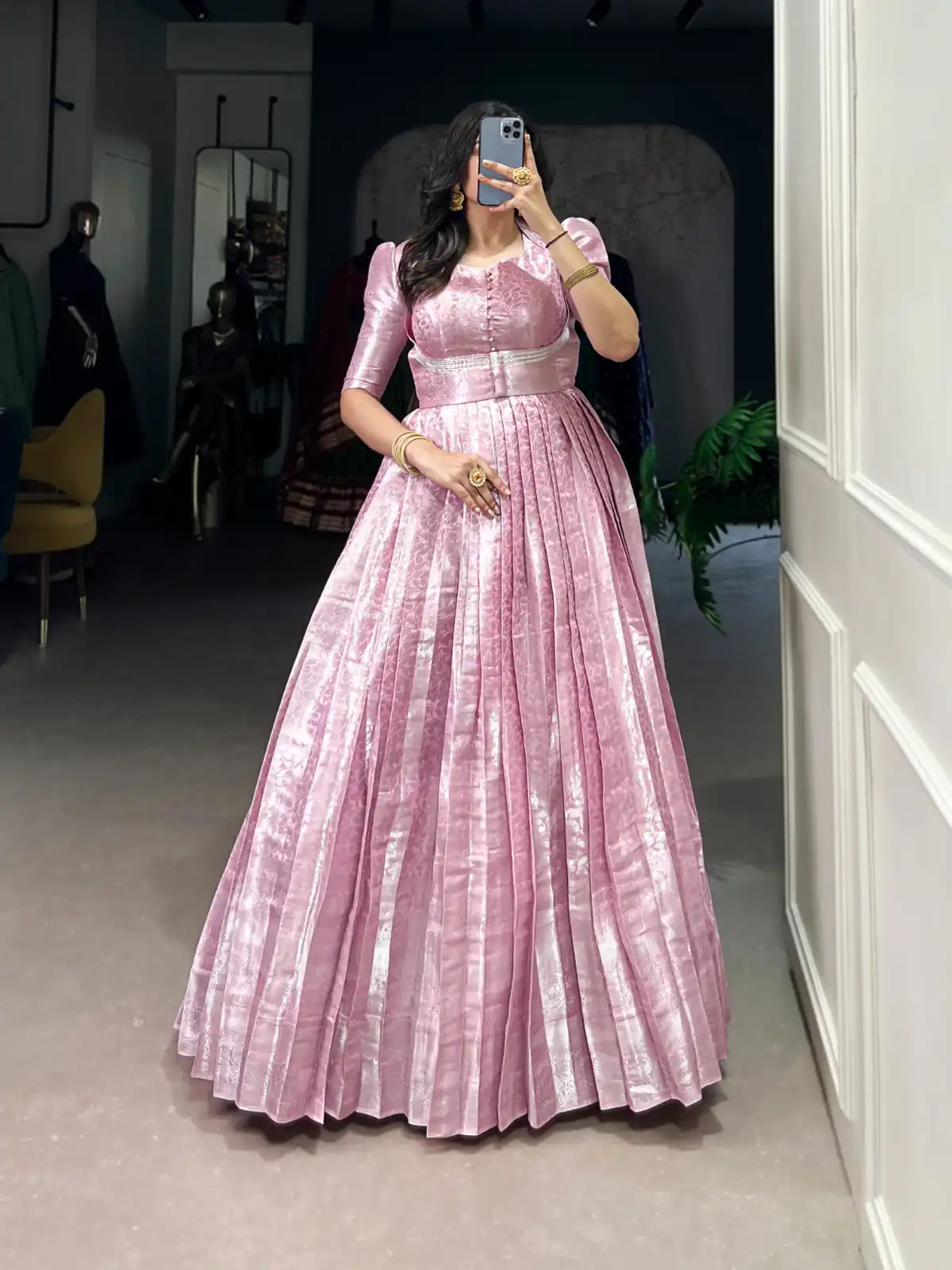Pink Zari Weaving Work Gown | Gowns, Bollywood Gowns, Creative Gowns, Designer Gowns, Embroidered Gowns, Party Wear Gowns
