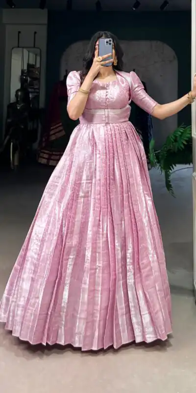 Pink Zari Weaving Work Gown | Gowns, Bollywood Gowns, Creative Gowns, Designer Gowns, Embroidered Gowns, Party Wear Gowns