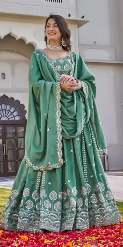 Pista Crap Silk Embroidery Work Lehenga Choli | Lehenga, Bollywood Lehenga, Creative Lehenga, Designer Lehenga, Embroidered Lehenga, Party Wear Lehenga