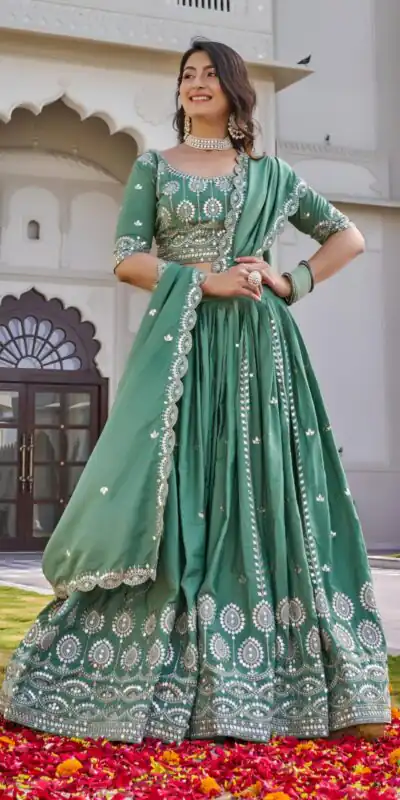 Pista Crap Silk Embroidery Work Lehenga Choli | Lehenga, Bollywood Lehenga, Creative Lehenga, Designer Lehenga, Embroidered Lehenga, Party Wear Lehenga