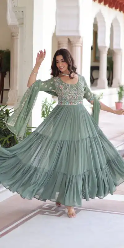 Pista Faux Blooming With Embroidery Work Gown | Gowns, Bollywood Gowns, Creative Gowns, Designer Gowns, Embroidered Gowns, Party Wear Gowns