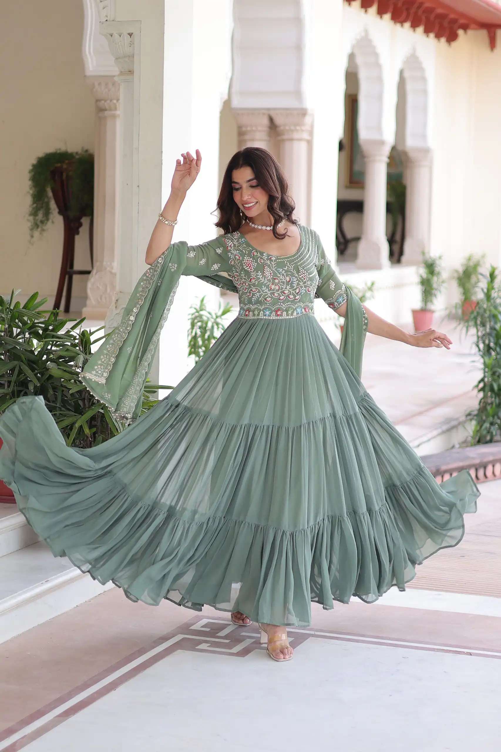 Pista Faux Blooming With Embroidery Work Gown | Gowns, Bollywood Gowns, Creative Gowns, Designer Gowns, Embroidered Gowns, Party Wear Gowns