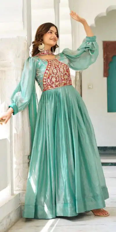Pista Fendy Silk Embroidery Work Gown | Gowns, Bollywood Gowns, Creative Gowns, Designer Gowns, Embroidered Gowns, Party Wear Gowns