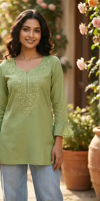 Pista Rayon Chikan Work Kurti | Kurti, Bollywood Kurti, Creative Kurtis, Designer Kurti, Party Wear Kurti, Selfie Kurti