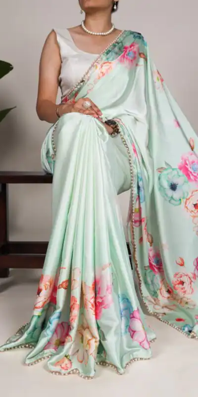 Pista Satin Silk Floral Printed Lace Border Work Saree | Sarees, Bollywood Sarees, Creative Sarees, Designer Sarees, Embroidered Sarees, Ethnic Saree, Modern Digital sarees, Party Wear Sarees