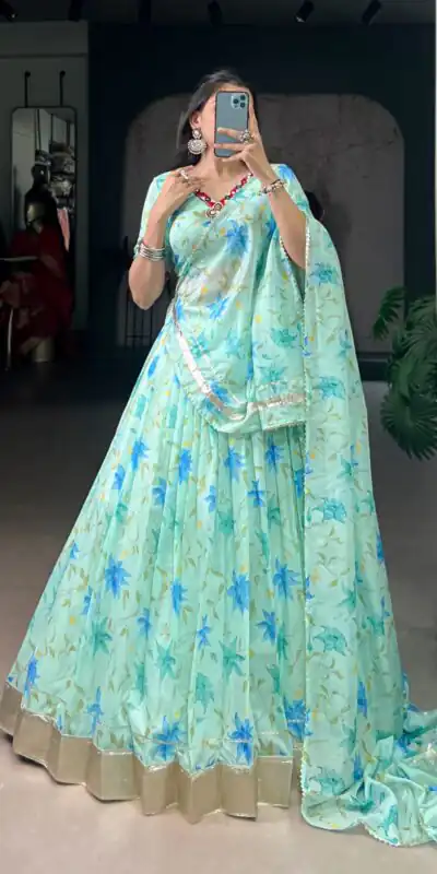 Pista Tabby Embossed Print Lehenga Choli | Lehenga, Bollywood Lehenga, Creative Lehenga, Designer Lehenga, Embroidered Lehenga, Party Wear Lehenga