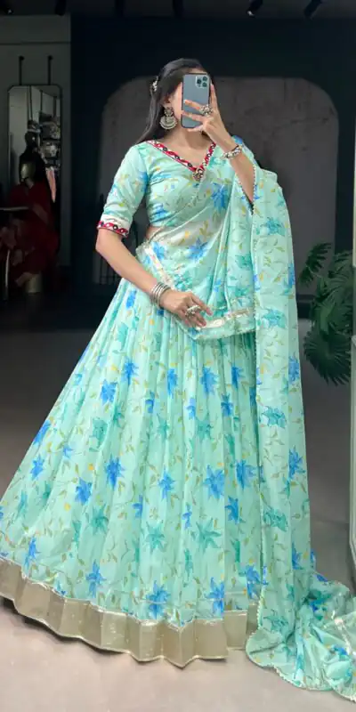 Pista Tabby Embossed Print Lehenga Choli | Lehenga, Bollywood Lehenga, Creative Lehenga, Designer Lehenga, Embroidered Lehenga, Party Wear Lehenga