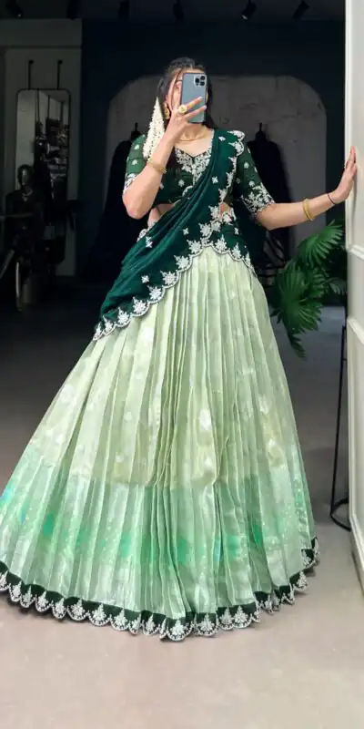 Pista Zari Kota Thread Lehenga Choli | Lehenga, Bollywood Lehenga, Creative Lehenga, Designer Lehenga, Embroidered Lehenga, Party Wear Lehenga