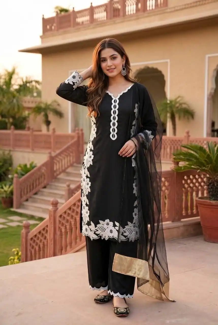 ST 213 Black Color Natural Crep Salwar Suit with Embroidery Work. Wedding, Party, Festive, Best Price ₹1899. Delivery 4-6 Working Days. Shop now. | Jump Suits, Salwar suit, Casual Suits, Creative suits, Designer Suits, Palazzo Suits, Party Wear Suits, Patiala Suits, Straight Suits