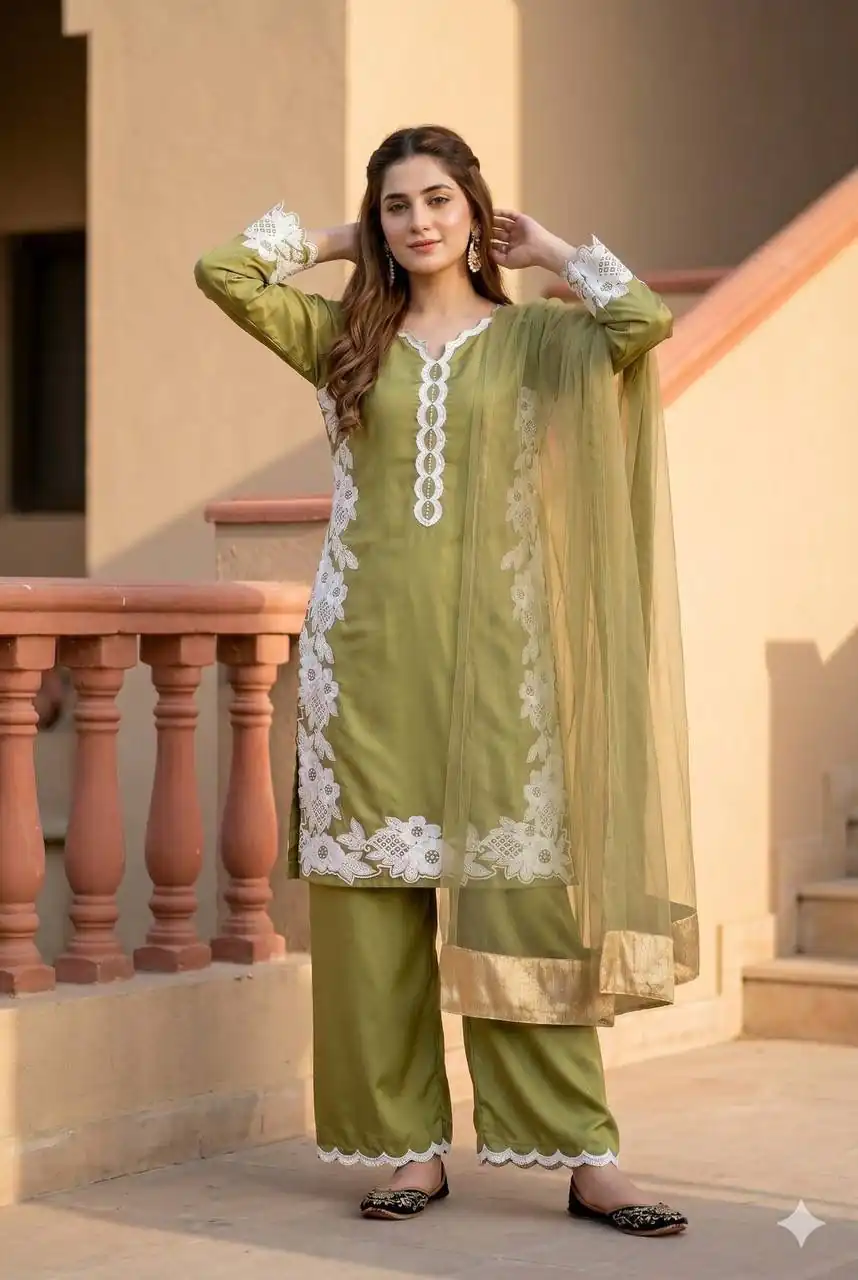 ST 213 Mehandi Color Natural Crep Salwar Suit with Embroidery Work. Wedding, Party, Festive, Best Price ₹1899. Delivery 4-6 Working Days. Shop now. | Jump Suits, Salwar suit, Casual Suits, Creative suits, Designer Suits, Palazzo Suits, Party Wear Suits, Patiala Suits, Straight Suits