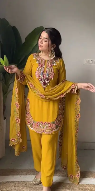 SRK 5348 Mustered Color Georgette Mirror Embroidery Work Salwar Suit . Best Price ₹2399. Delivery 4-6 Working Days. Shop now. | Jump Suits, Salwar suit, Casual Suits, Creative suits, Designer Suits, Palazzo Suits, Party Wear Suits, Patiala Suits, Straight Suits