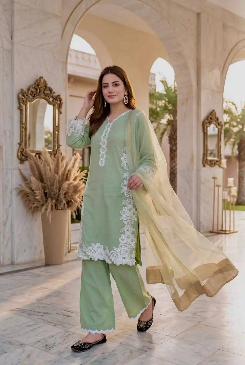 ST 213 Pista Color Natural Crep Salwar Suit with Embroidery Work. Wedding, Party, Festive, Best Price ₹1899. Delivery 4-6 Working Days. Shop now. | Jump Suits, Salwar suit, Casual Suits, Creative suits, Designer Suits, Palazzo Suits, Party Wear Suits, Patiala Suits, Straight Suits