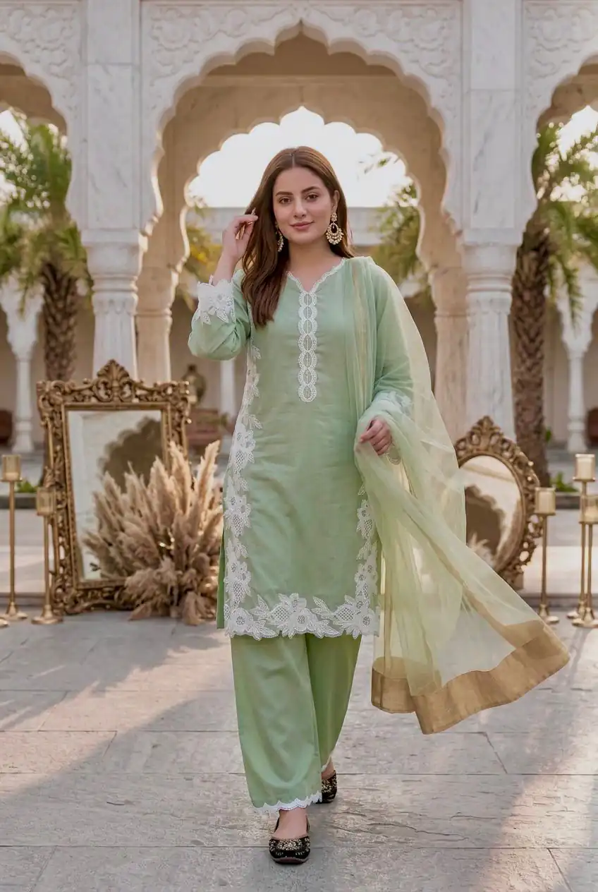 ST 213 Pista Color Natural Crep Salwar Suit with Embroidery Work. Wedding, Party, Festive, Best Price ₹1899. Delivery 4-6 Working Days. Shop now. | Jump Suits, Salwar suit, Casual Suits, Creative suits, Designer Suits, Palazzo Suits, Party Wear Suits, Patiala Suits, Straight Suits